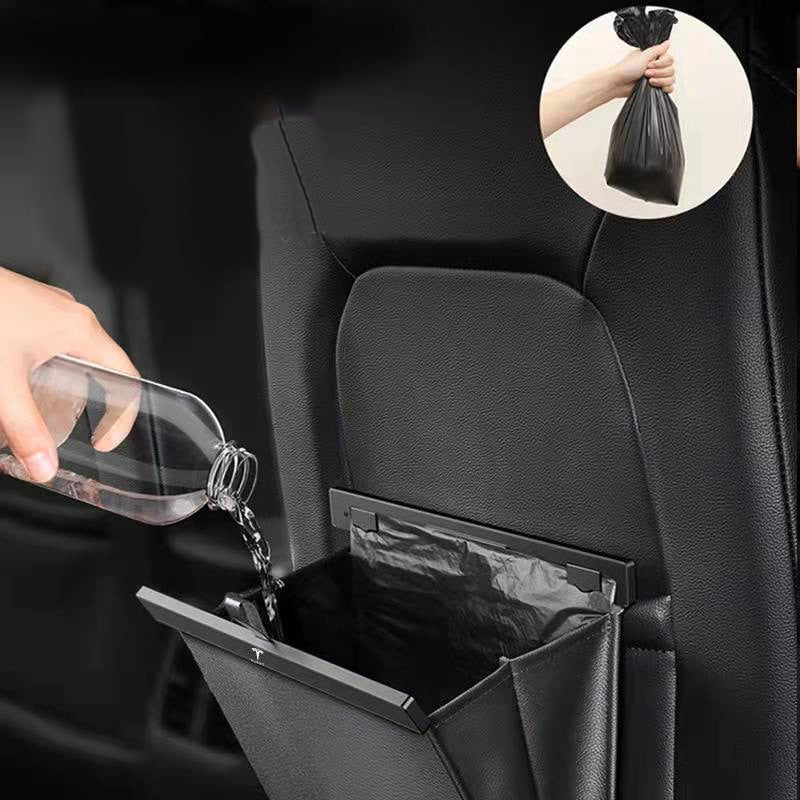 For Tesla Model 3 Y X Car Garbage Bag Waterproof Magnetic Adsorption Trash Can Back Seat Hanging Leather Storage Pocket