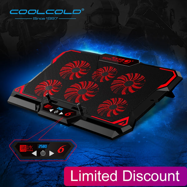 Coolcold Laptop Cooler 6 Fans Laptop Cooling Pad 2 USB Port With Led Screen 2600RPM for 14-17 inch Gaming Laptop Cooler Stand