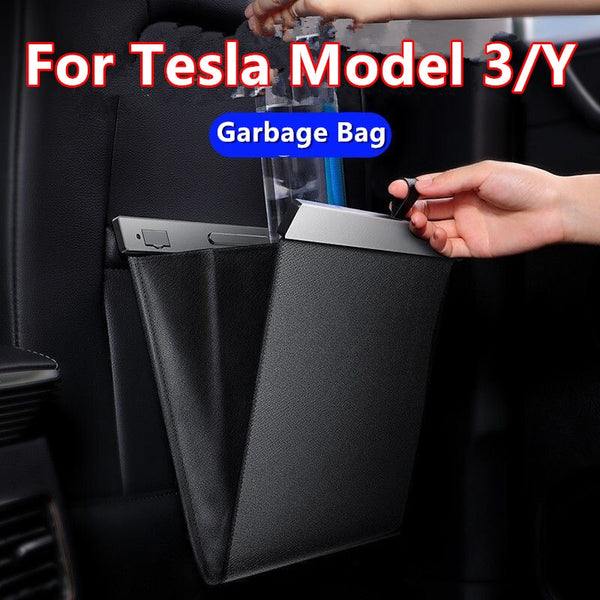 For Tesla Model 3 Y X Car Garbage Bag Waterproof Magnetic Adsorption Trash Can Back Seat Hanging Leather Storage Pocket